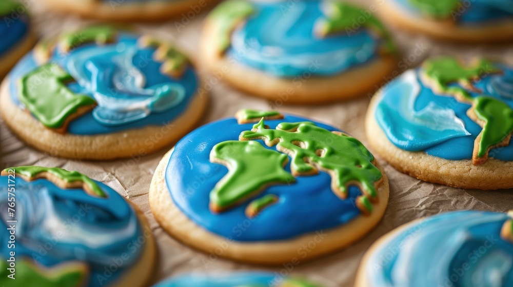 A close up of cookies decorated with blue and green icing the shape of Earth