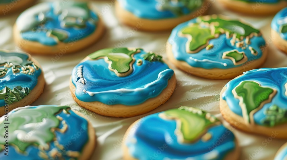 A close up of cookies decorated with blue and green icing the shape of Earth