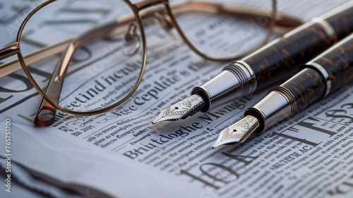 Close-up of Fountain Pen, Glasses, and Financial Newspaper photo