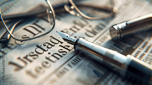 Close-up of Fountain Pen, Glasses, and Financial Newspaper photo
