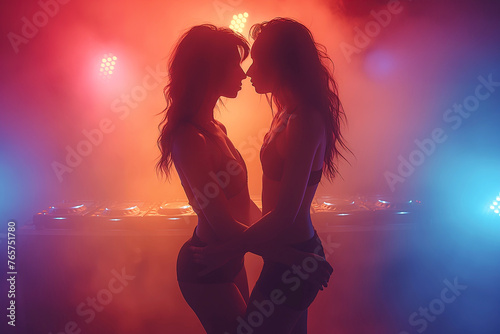 Two lesbian sexy girls dancing on a nightclub stage at a party photo