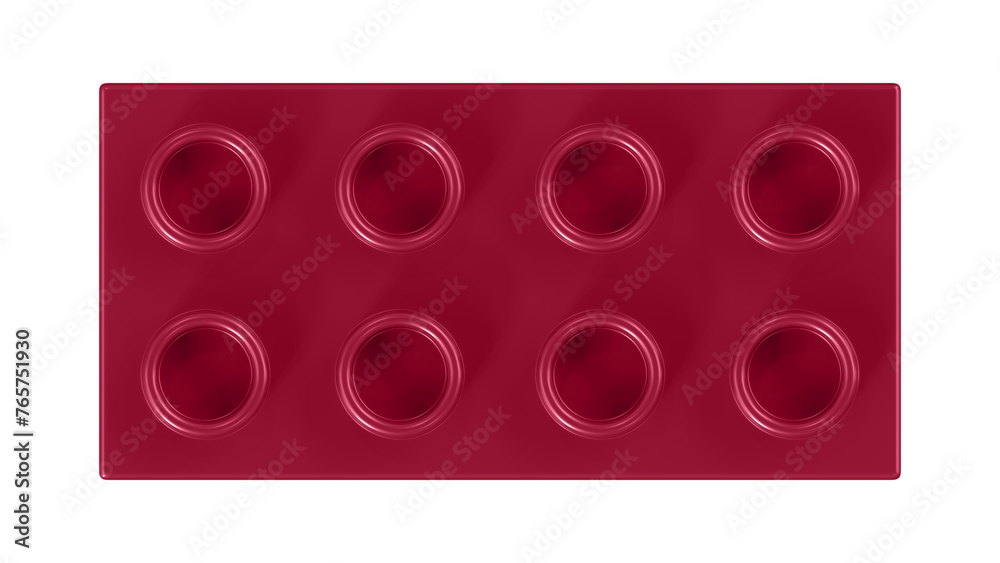 Fototapeta premium Burgundy Lego Block Isolated on a White Background. Close Up View of a Plastic Children Game Brick for Constructors, Top View. High Quality 3D Rendering with a Work Path. 8K Ultra HD, 7680x4320