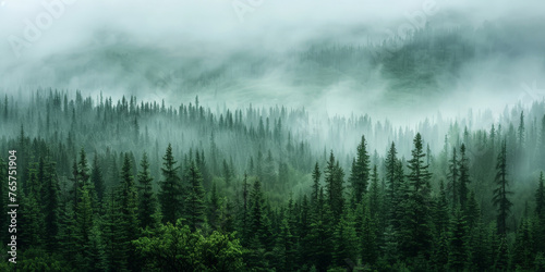 misty  forest with fog in the mountains, Misty landscape with fir forest in hipster vintage retro style. dark green Misty landscape with fir forest banner photo