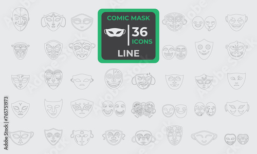 Set of 36 Face Mask Line Icon related to comic, theater, drama, fun, sad, tragic etc. Line editable icons collection. Vector illustration.