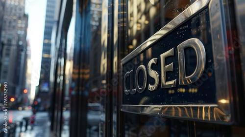 "Closed" sign on a shop door with city reflection