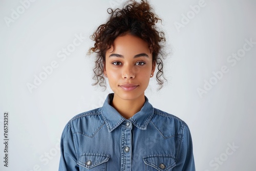 Pretty Young Woman in Chambray Shirt Dress photo on white isolated background photo