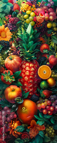 Visualize a fantastical scene where fruits become portals to secret worlds Show vibrant colors and surreal landscapes from a worms-eye perspective  Close-up shot