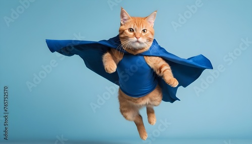 superhero cat, Cute orange tabby kitty with a blue cloak and mask jumping and flying on light blue background with copy space. The concept of a superhero, super cat, leader, funny animal studio shot. © Gia