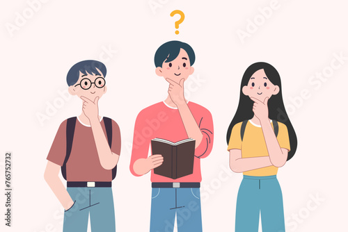 Collection of portraits of smart boys and girls with question marks, thinking or solving problems,thought process or thoughtful people,business people concept,flat vector cartoon stye