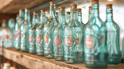 Rows of antique turquoise glass bottles on shelf.