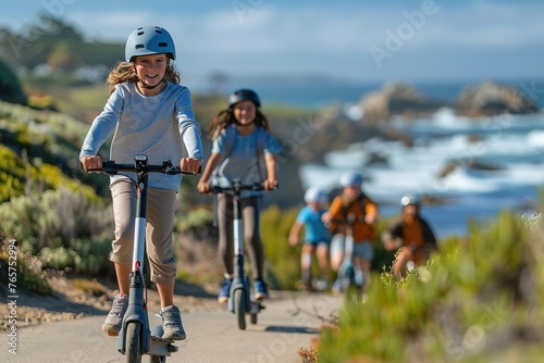 Kids enjoy a sunny day riding scooters by the sea. © Larisa