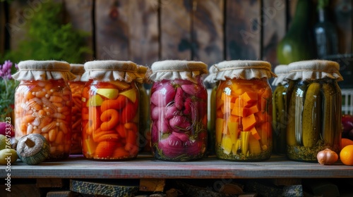 Canned vegetables with cloth lids on jars on a wooden background