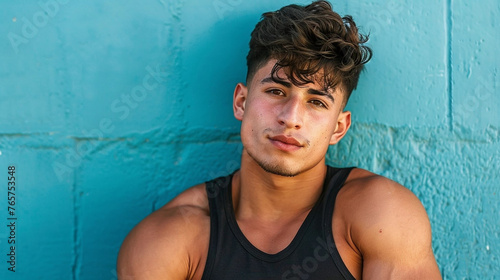 copy space, stockphoto, very handsome Latino male model, boy-ish handsome look, 20 years old, well athletic build. Very attractive well build photo model. Handsome attractive sporty Latino young man.  © Dirk
