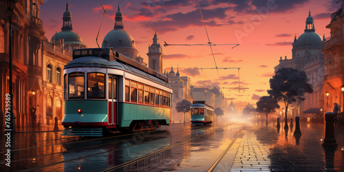 Tram in the city at sunset, Istanbul, Turkey. 3D rendering