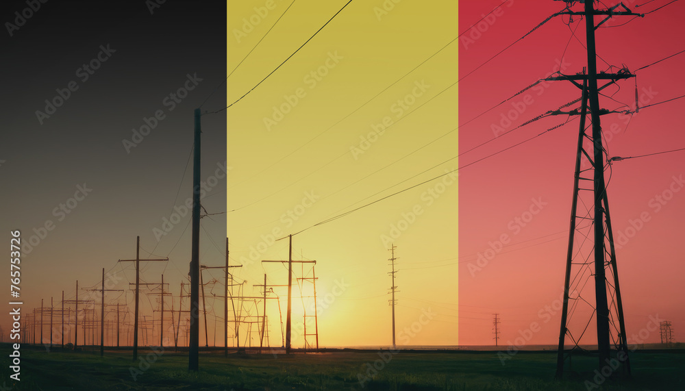Belgium flag on electric pole background. Power shortage and increased energy consumption in Belgium. Energy development and energy crisis