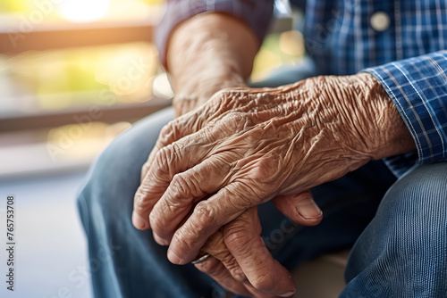 Hand of elder man. Concept of rheumatoid arthritis, osteoarthritis, or joint pain. photo