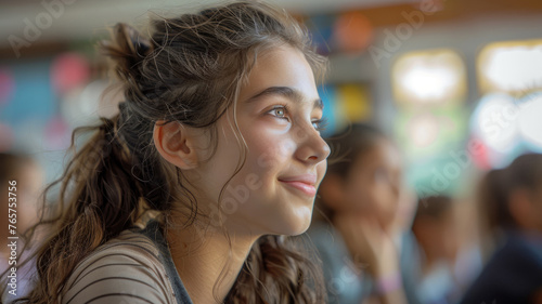 Young girl smiling in a classroom