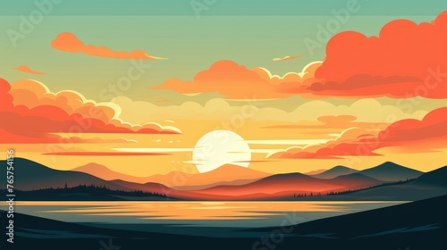 beautiful view of sunset over lake wallpaper. A landscape of Sunset over lake. landscape with a lake and mountains in the background. landscape of mountain lake and forest with sunset in evening. © jokerhitam289