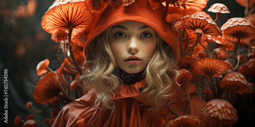 Fantasy portrait of a beautiful girl in a wreath of red mushrooms.