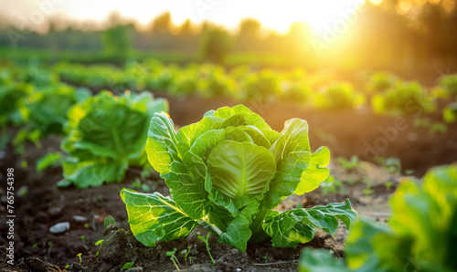 Lettuce plant on field vegetable and agriculture sunset and light. 