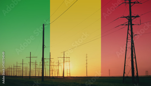 Mali flag on electric pole background. Power shortage and increased energy consumption in Mali. Energy development and energy crisis