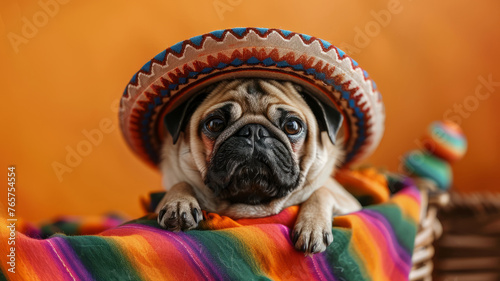 Pug dog in a sombrero on colorful textile.