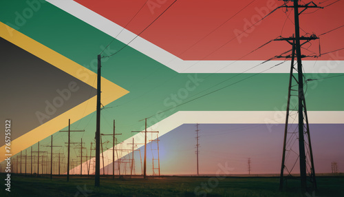 South Africa flag on electric pole background. Power shortage and increased energy consumption in South Africa. Energy development and energy crisis