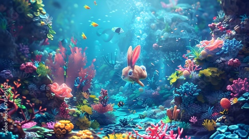 Easter Surprise: A Vibrant Underwater Coral Reef Home to Rabbit Eggs and Curious Marine Life © wilaiwan