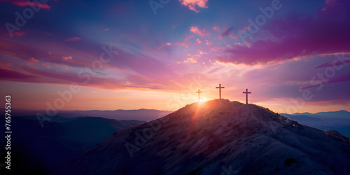 Three christian crosses on the mountain at sunrise, the crucifixion of Jesus Christ