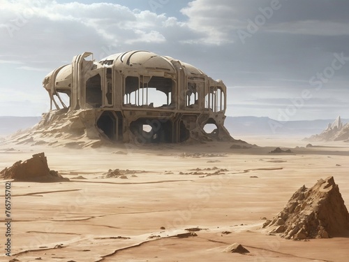 "Forgotten Planet: Ruined Civilization Amidst Dusty Remnants"