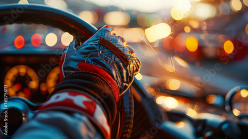 Close-up of hands on a racing steering wheel at sunset