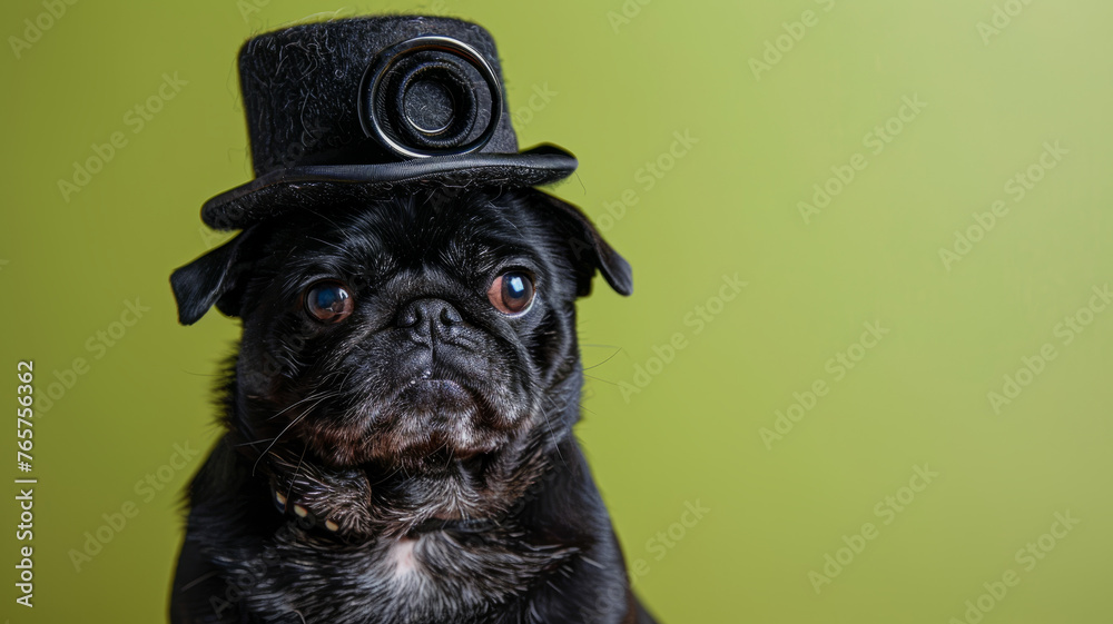 Pug in a top hat with green background