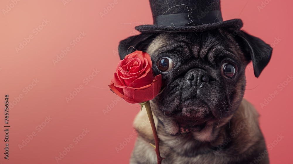Pug with top hat holding a rose in mouth