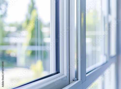 White plastic window profile with glass. handles of closed white plastic window indoor closeup