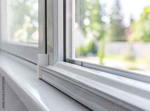 White plastic window profile with glass. handles of closed white plastic window indoor closeup