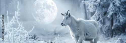 Close-up of a White goat Standing in a Snowy Landscape photo