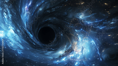 black hole in the center of galaxy with blue and white swirls