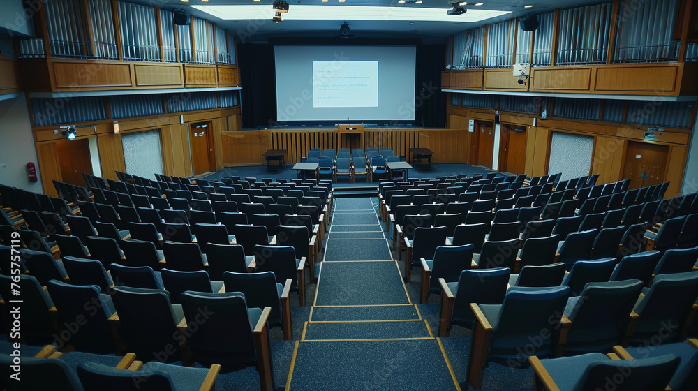 Naklejka premium Empty Lecture Hall with Rows of Seats and Presentation Screen