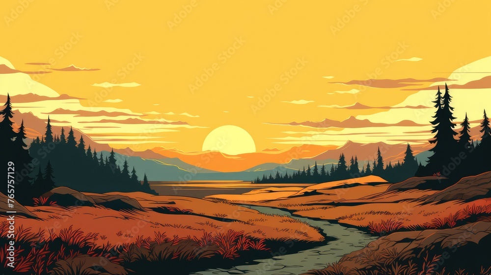 beautiful view of sunset over lake wallpaper. A landscape of Sunset over lake. landscape with a lake and mountains in the background. landscape of mountain lake and forest with sunset in evening.