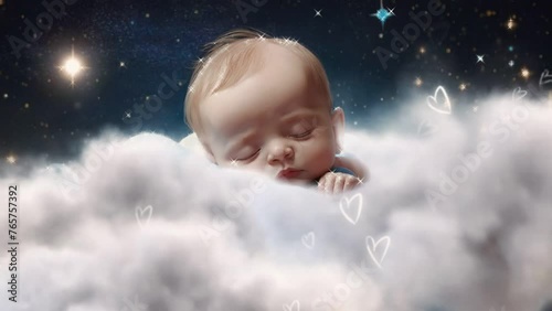 video animation template looping Cute baby sleep at night on cloud with stars, video HD  photo
