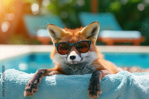 Red fox in sunglasses relaxing near swimming pool on sunny summer day.