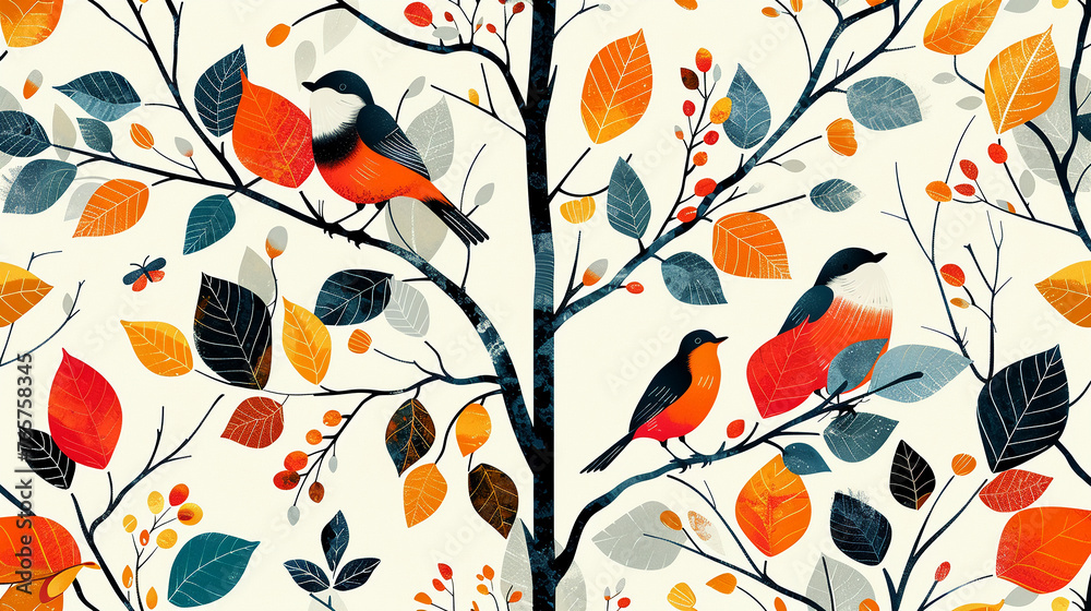 A contemporary geometric pattern incorporating stylized representations of forest elements including trees and leaves A contemporary geometric pattern incorporating stylized representations of forest elements including trees and leaves