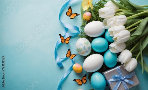 Easter eggs and white tulips bouquet with orange butterflies and ribbons  decoration concept  isolated on light blue gradient background  flat lay  top view  copy space