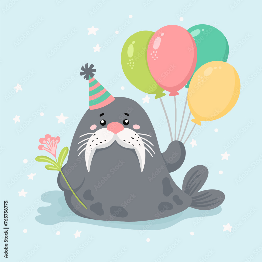Cheerful festive walrus with balloons and in a festive cap. Children's cute animal with flowers for postcard, banner, business card.