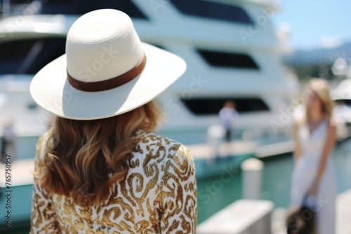 Beautiful young woman in hat and white dress relaxing on luxury yacht. Traveling and yachting concept