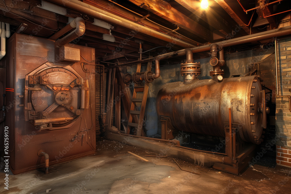 An old house basement with a boiler system heating pipes AI Generative An old house basement with a boiler system heating pipes AI Generative