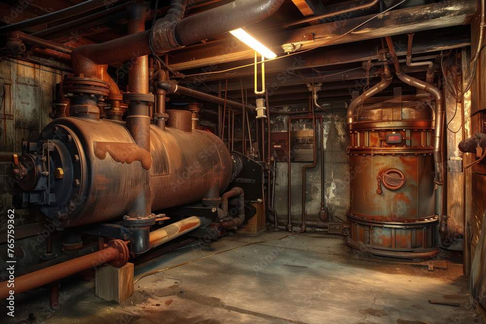 An old basement of house has boiler system with heating pipes in order to provide heat to house AI Generative An old basement of house has boiler system with heating pipes in order to provide heat to house AI Generative
