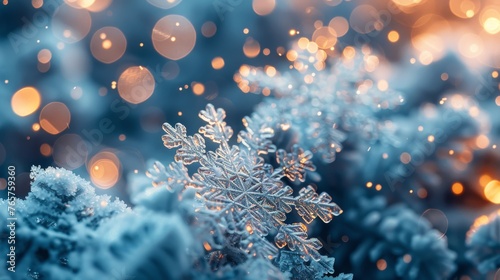Detailed Snowflake Close Up With Blurry Lights