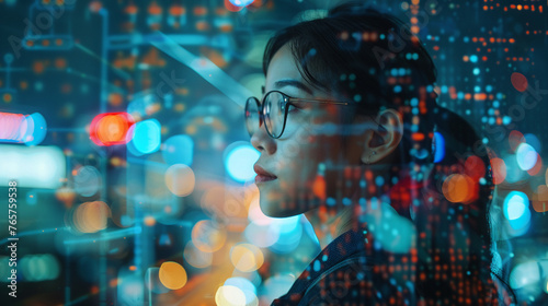 A double exposure image showing a businesswoman seamlessly integrated with a futuristic artificial intelligence network