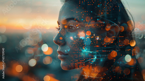 A double exposure image showing a businesswoman seamlessly integrated with a futuristic artificial intelligence network